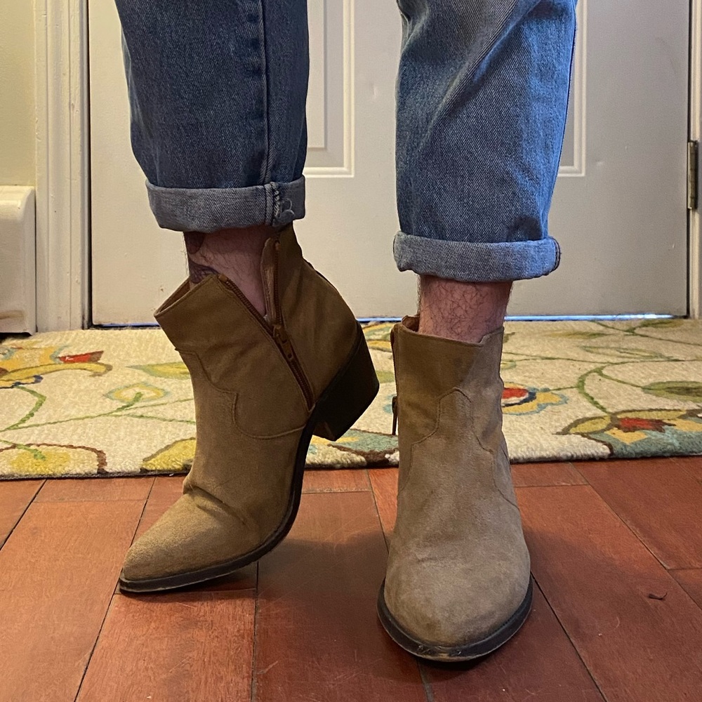 Tan suede ankle western boot